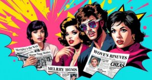 Vintage celebrity scandals capture the essence of the 1960s cultural upheaval with vibrant hues and artistic flair.