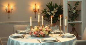A serene evening dinner setting showcasing elegant dining with decorative candles and subtle floral arrangements, evoking sophistication.