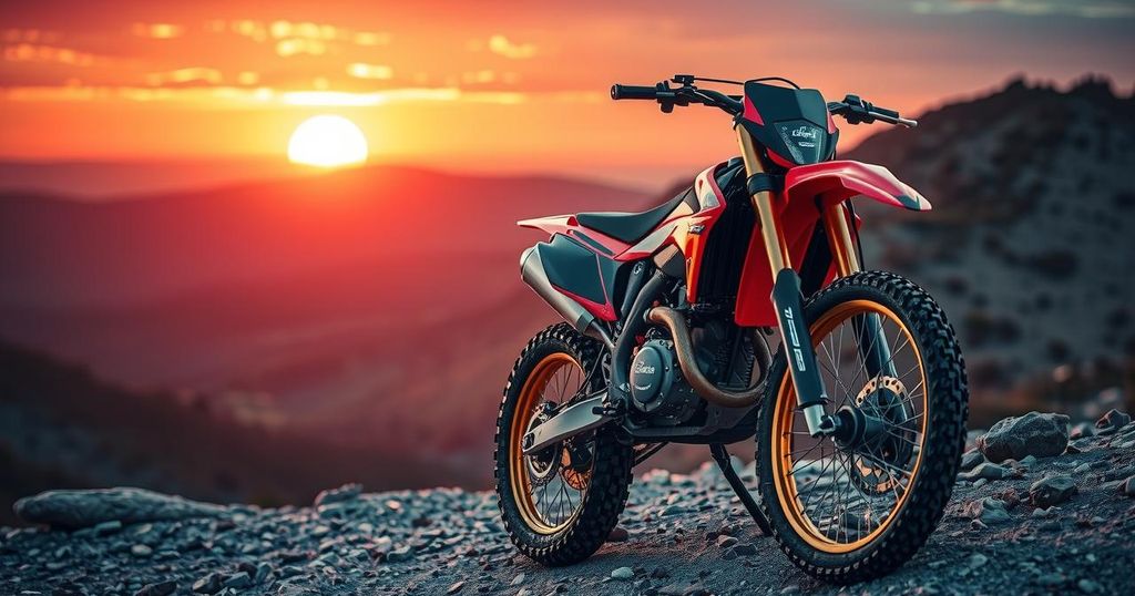 A motocross bike resting on uneven terrain with a scenic sunset backdrop, showcasing an adventurous spirit.