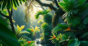 A serene Australian jungle scene with lush greenery, sound of birds, and tranquil atmosphere, evoking adventure and camaraderie.