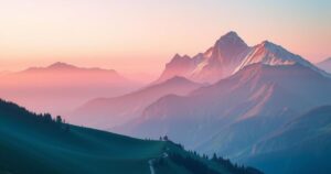 A serene mountain landscape at sunrise with soft pastel colours and a calming atmosphere, evoking reflection and growth.