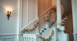 A scenic staircase with elegant decor and soft lighting, evoking a sense of calm and tranquility.