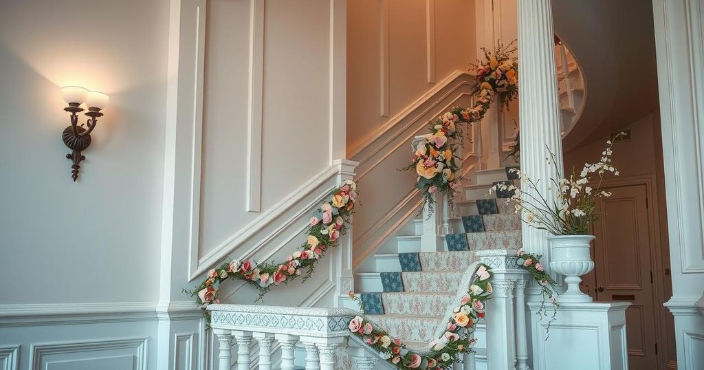 A scenic staircase with elegant decor and soft lighting, evoking a sense of calm and tranquility.