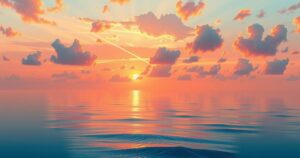 A peaceful sunset over a calm ocean, with soft hues of orange and pink reflecting on the water.