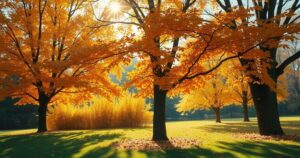 Autumn landscape with vibrant golden leaves and a peaceful ambiance representing a quiet time for a celebrity couple.