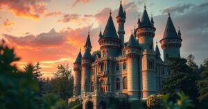 An ornate castle with turrets and battlements, surrounded by trees and a dramatic sunset sky in warm colours.