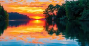 A serene sunset over a tranquil lake, surrounded by lush greenery, evoking peace and reflection.