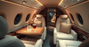 A private jet interior with lavish seating and colourful ambient lighting, featuring a small table with drinks and a cigarette.