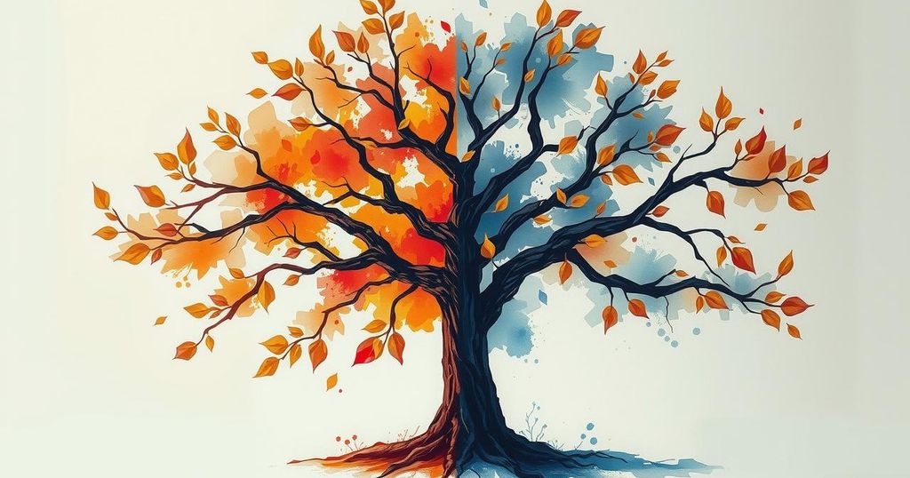 A vibrant, artistic representation of a family divided, featuring contrasting elements to symbolise estrangement and closeness.