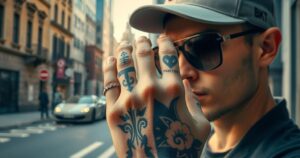 Tattooed ring finger of a person wearing casual black clothing in a fashionable city setting.