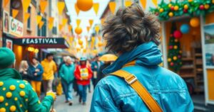 A rugged outdoor scene showcasing a stylish blue jacket against a vibrant festival background, capturing youthful energy.