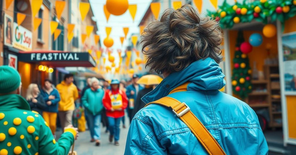 A rugged outdoor scene showcasing a stylish blue jacket against a vibrant festival background, capturing youthful energy.