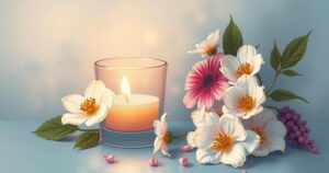 A symbolic tribute with a glowing candle and a soft, comforting light, surrounded by blooming flowers in muted pastel shades.