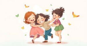 A family scene with joyful moments, featuring four children playing and a serene atmosphere, in warm pastel colours.