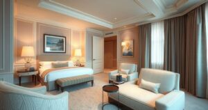 A serene Ritz-Carlton hotel room with soft lighting, highlighting a calming ambience.