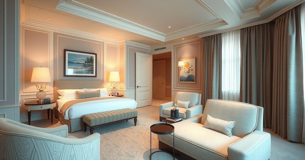 A serene Ritz-Carlton hotel room with soft lighting, highlighting a calming ambience.