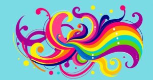 A vibrant and colourful abstract design celebrating LGBTQ+ pride and inclusivity, featuring rainbow hues and playful shapes.