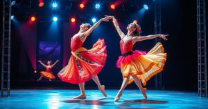 Dancing duo in vibrant costumes perform a ballet routine on stage with colourful lights and dramatic background.