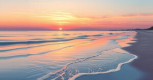 A serene scene of a sunset over a calm beach with gentle waves and soft pastel colours.