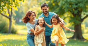Beautiful family scene with a mother, father, and two daughters enjoying a sunny day in nature.