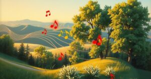 A serene landscape featuring musical notes floating among trees, in warm earth tones, evoking a peaceful atmosphere.