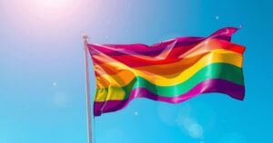 A vibrant rainbow flag symbolising LGBTQ+ pride, with stars in the background to represent celebrity visibility.