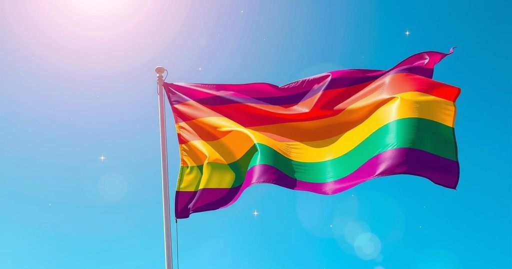 A vibrant rainbow flag symbolising LGBTQ+ pride, with stars in the background to represent celebrity visibility.