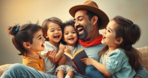 A warm family gathering featuring cheerful moments of a father and children, expressing love on Father's Day.