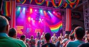 A vibrant Pride event stage with colourful lights, musical instruments, and decorative elements symbolizing celebration.