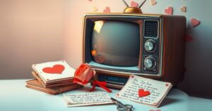 A nostalgic scene representing first love, featuring a vintage television set and romantic memorabilia in soft pastel colours.