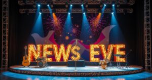 A glamorous stage with musical instruments and sparkling lights, evoking a vibrant New Year’s Eve celebration.