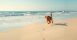 A serene beach scene with two dogs playing in the sand under a clear sky, symbolizing hope and resilience.