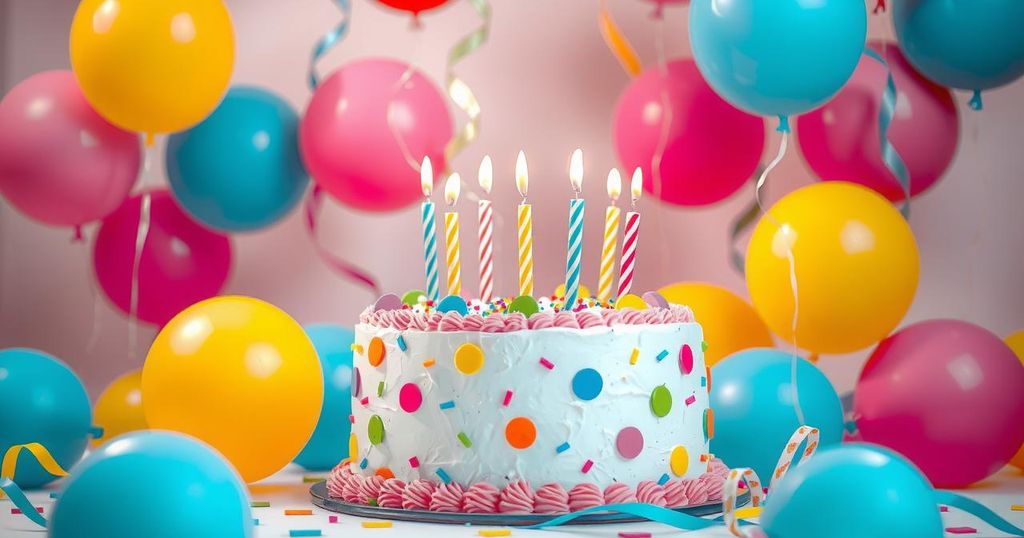 Reconciliation scene with a birthday setup featuring a cake and balloons, highlighting family unity and joy.