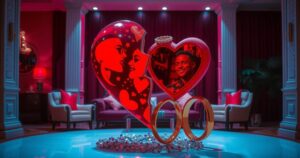 Nollywood celebrities in glamorous settings symbolizing love, heartache, and separation in vivid colours.