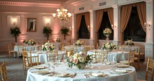A serene wedding setting with elegant decor and table arrangements, hinting at celebrity glamour.