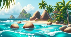 A vibrant beach scene with tropical elements, showcasing a lively competition atmosphere without people, using bright colors.