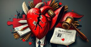 Collage depicting celebrity scandals with dramatic lighting and contrasting colours.