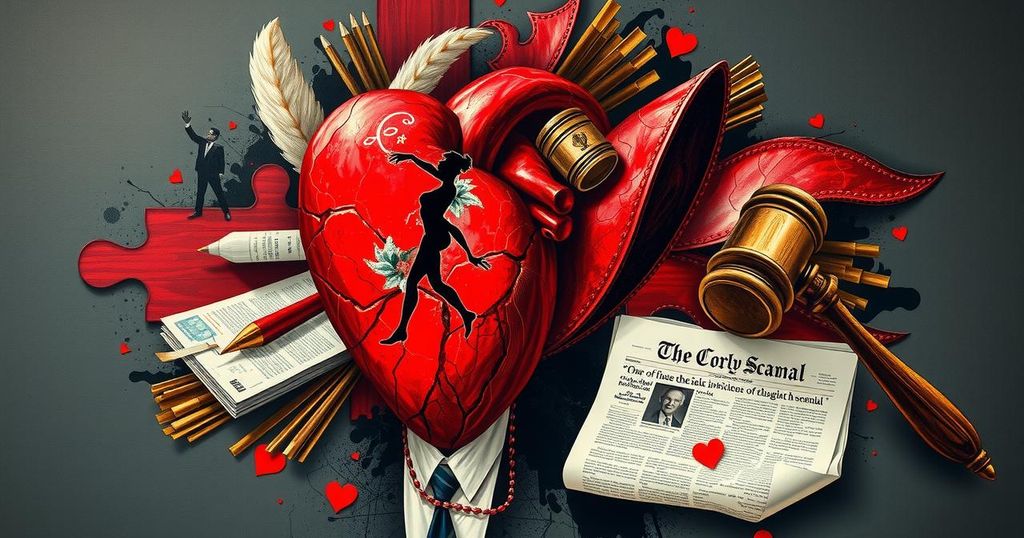 Collage depicting celebrity scandals with dramatic lighting and contrasting colours.