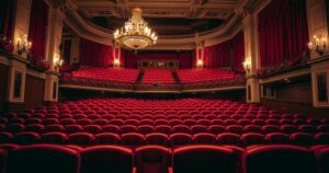 A serene theatre interior with elegant architecture, featuring softly glowing chandeliers and plush seating, exuding a refined atmosphere.