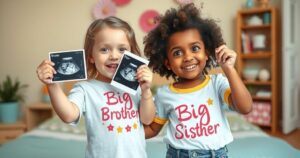 A joyful family moment with children holding baby scan photos in celebratory t-shirts, pastel colours, playful theme.
