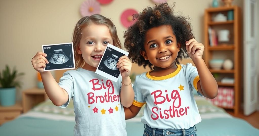 A joyful family moment with children holding baby scan photos in celebratory t-shirts, pastel colours, playful theme.