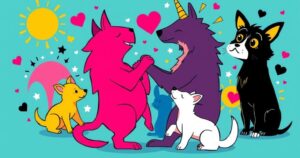 A vibrant pop art scene featuring abstract representations of animals, symbols of love, and chaotic elements.
