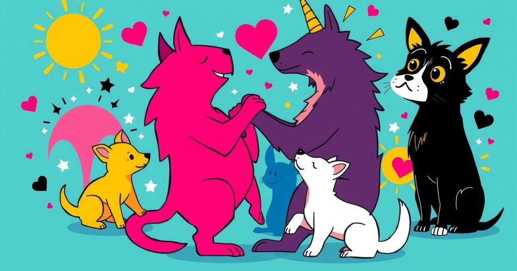 A vibrant pop art scene featuring abstract representations of animals, symbols of love, and chaotic elements.