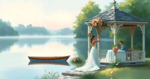 Elegant wedding setting featuring a serene lake, charming gazebo, and floral decorations in soft pastel colours.