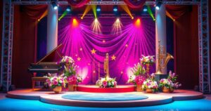 A stage decorated for an award ceremony featuring musical instruments and floral arrangements, evoking a festive atmosphere.