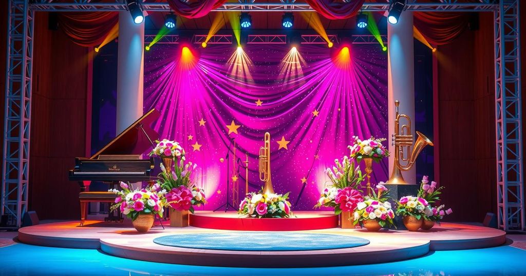 A stage decorated for an award ceremony featuring musical instruments and floral arrangements, evoking a festive atmosphere.