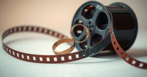 An artistic representation of a couple's connection with a backdrop inspired by classic cinema.