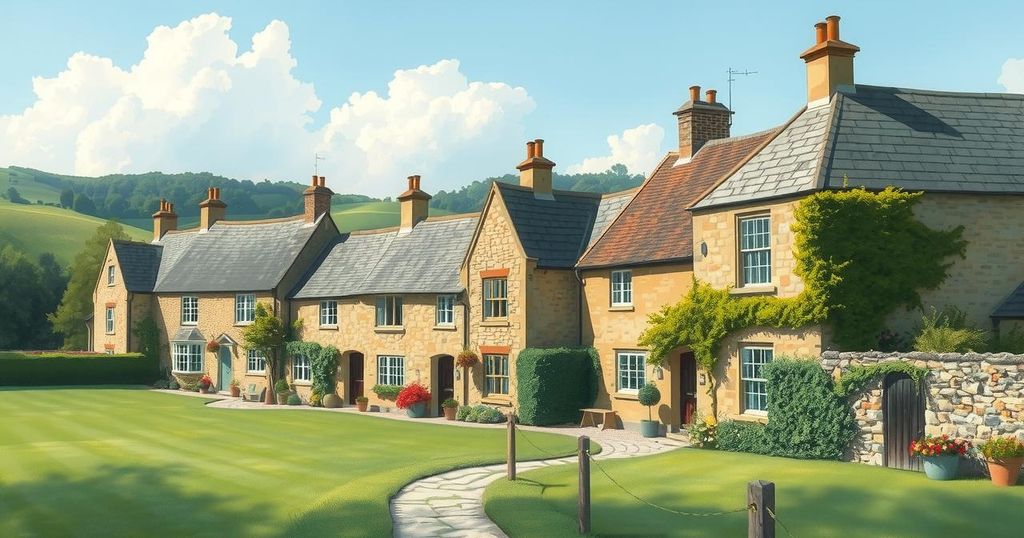 A serene Cotswolds village landscape with rolling hills, stone cottages, and lush greenery.