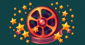 A vibrant film reel featuring iconic Hollywood elements, showcasing awards, stars, and a vintage cinema atmosphere.