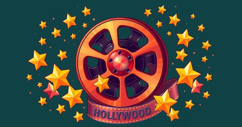 A vibrant film reel featuring iconic Hollywood elements, showcasing awards, stars, and a vintage cinema atmosphere.